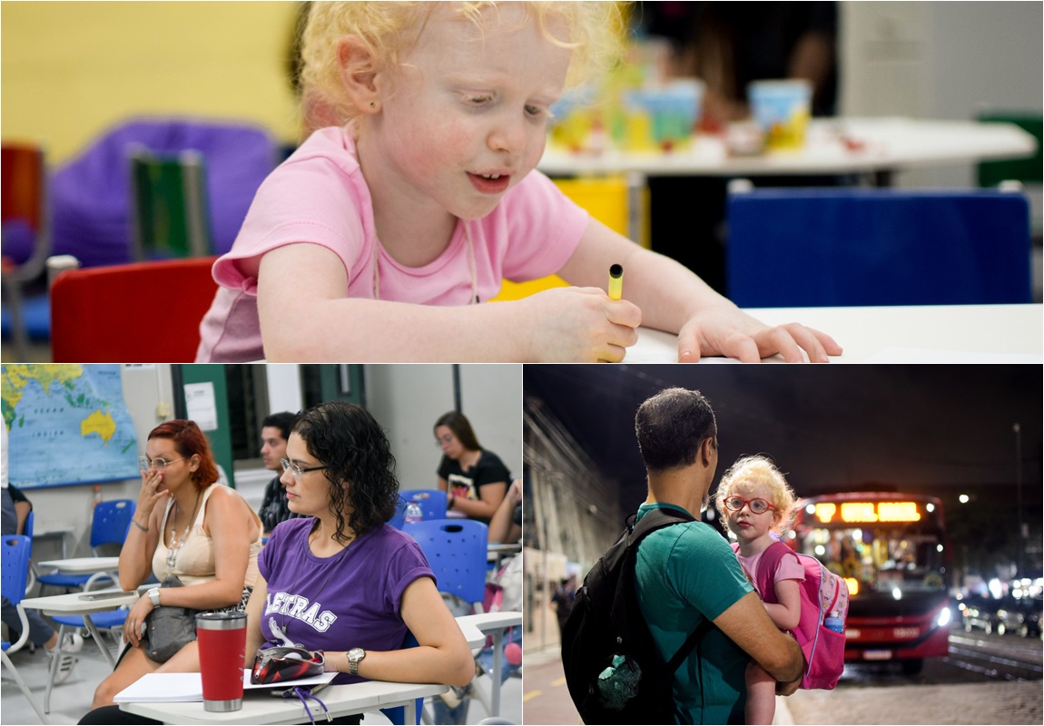 Lavínia na cuidoteca, enquanto a mãe estuda e na rotina com o pai Fotos: Lyon Santos/ MDS