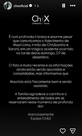 Mauri, irmão de Chitãozinho e Xororó, morre em acidente em Curitiba