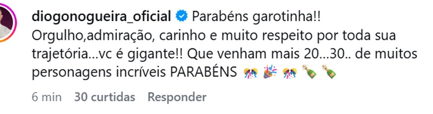 Diogo Nogueira elogia Paolla Oliveira pelos 20 anos de carreira como atriz: ‘Gigante!!’