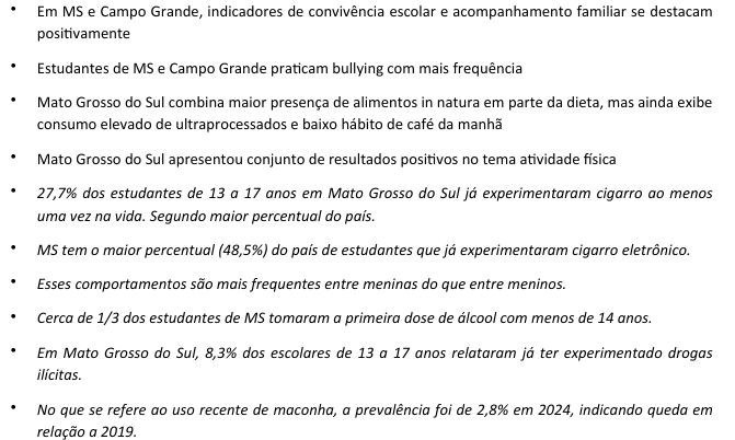 PeNSE 2024 aponta desafios para gestores de ensino. Estudantes sul-mato-grossensestem altos índices de bullying, uso de drogas (lícitas ou ilícitas), violência, violência sexual e percepção de que a vida não vale a pena