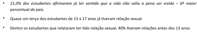 PeNSE 2024 aponta desafios para gestores de ensino. Estudantes sul-mato-grossensestem altos índices de bullying, uso de drogas (lícitas ou ilícitas), violência, violência sexual e percepção de que a vida não vale a pena PeNSE 2024 aponta desafios para gestores de ensino. Estudantes sul-mato-grossensestem altos índices de bullying, uso de drogas (lícitas ou ilícitas), violência, violência sexual e percepção de que a vida não vale a pena