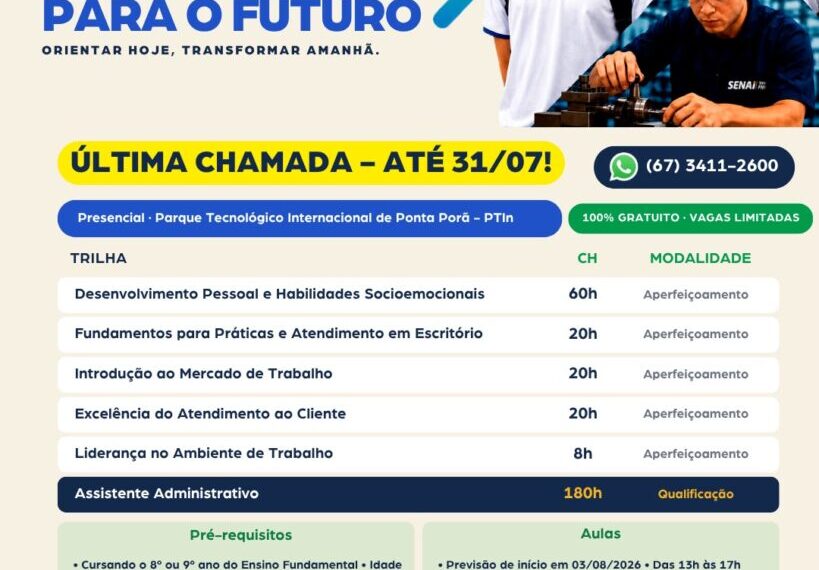 Projeto Primeiros Passos para o Futuro abre inscrições para cursos gratuitos em Ponta Porã