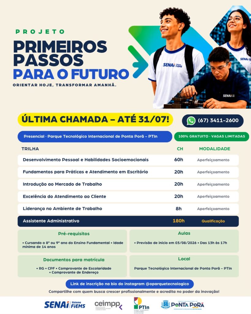 Projeto Primeiros Passos para o Futuro abre inscrições para cursos gratuitos em Ponta Porã Projeto Primeiros Passos para o Futuro abre inscrições para cursos gratuitos em Ponta Porã
